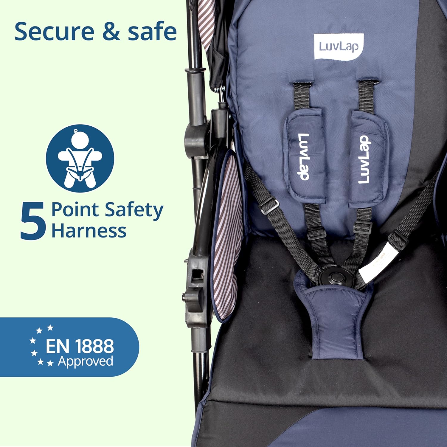 LuvLap Galaxy pram for baby with a robust 5-point safety harness, deep blue fabric, and comfortable design, ideal for safe and smooth rides for infants and young children. www.usmile.toys